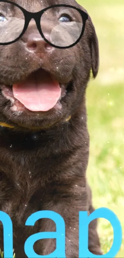 Adorable puppy with glasses on green grass.