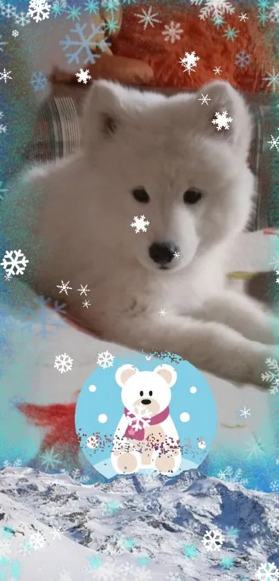 Adorable white puppy with snowflakes in a winter-themed wallpaper.