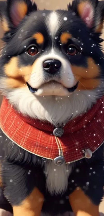 Adorable puppy in a red scarf with snowflakes, perfect for a cozy winter wallpaper.