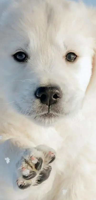 Adorable cream colored puppy on snow background.