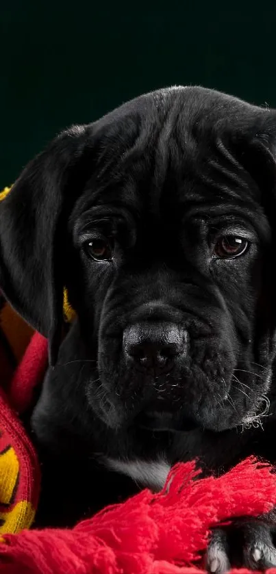 Adorable black puppy wrapped in a colorful blanket