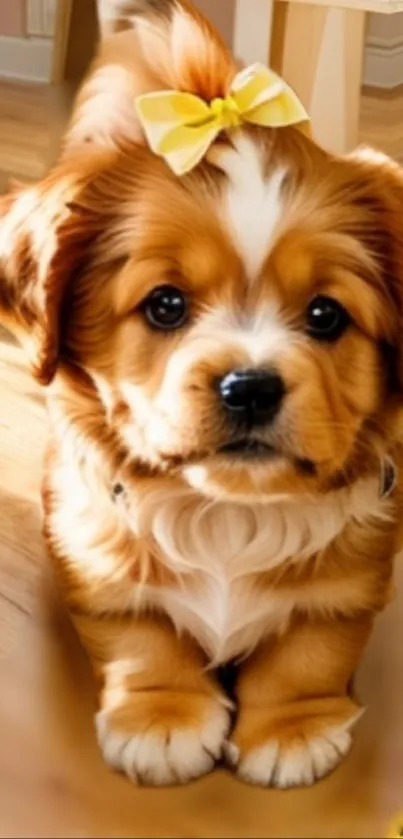 Cute puppy with yellow bow tie on wooden floor.