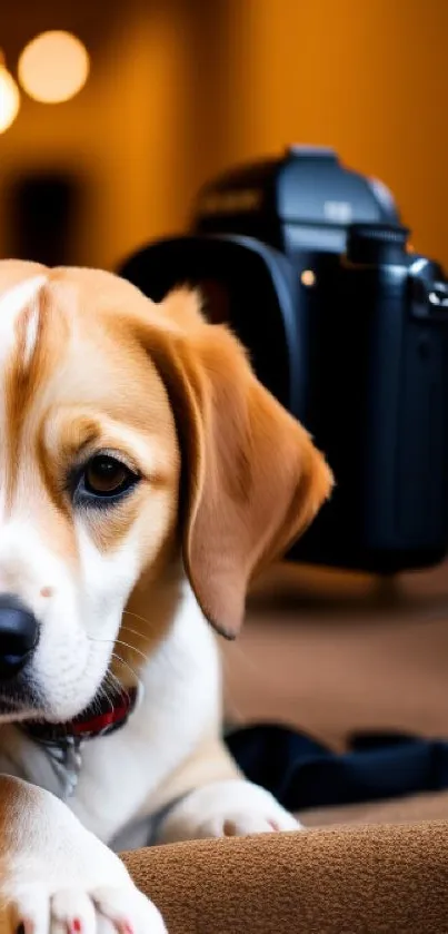 Adorable puppy poses with camera on warm-toned background.