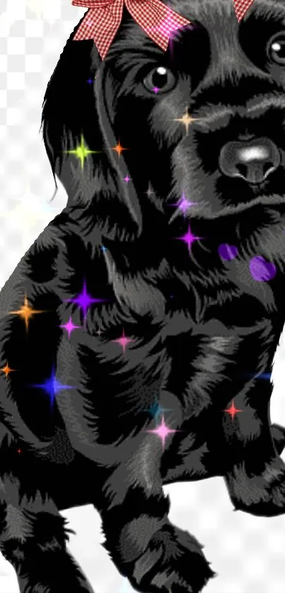 Black puppy with colorful stars and a red bow on white background.