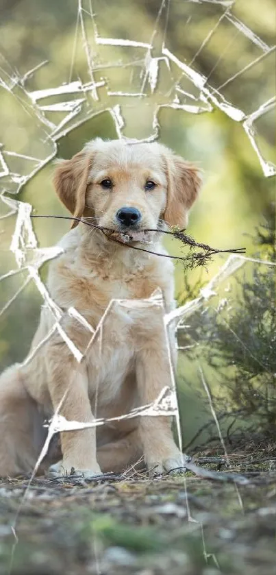 Adorable puppy sitting behind cracked glass outdoors.