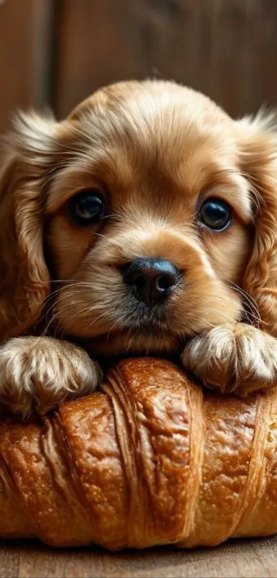 Cute puppy cuddling a croissant, perfect wallpaper.