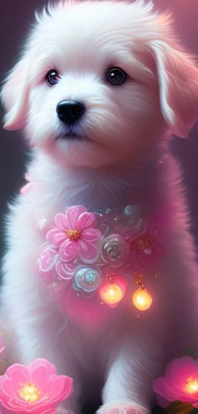 Cute white puppy with glowing pink flowers on a magical wallpaper.