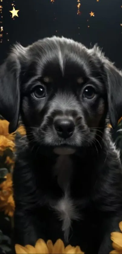 Adorable black puppy with flowers and starry background.
