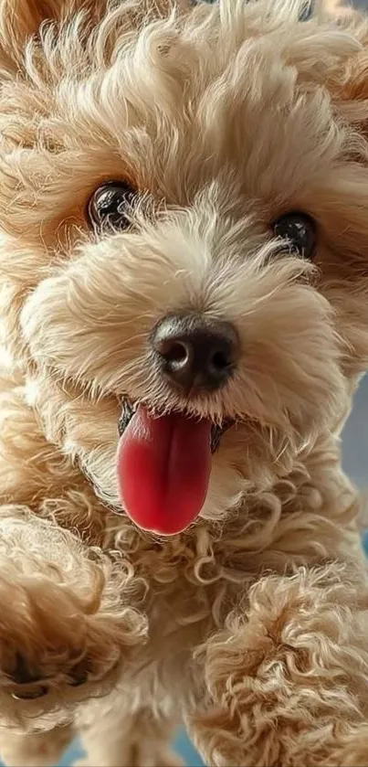 Fluffy, adorable puppy with a vibrant fur coat against a bright blue sky.