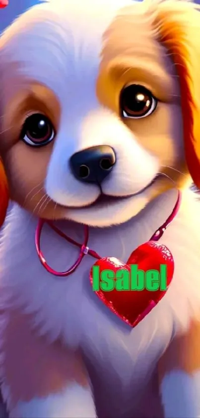 Adorable cartoon puppy with heart necklace.