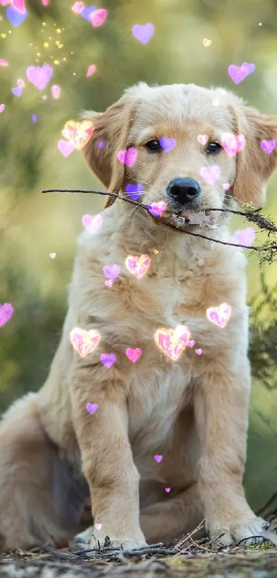 Golden retriever puppy with heart effects.