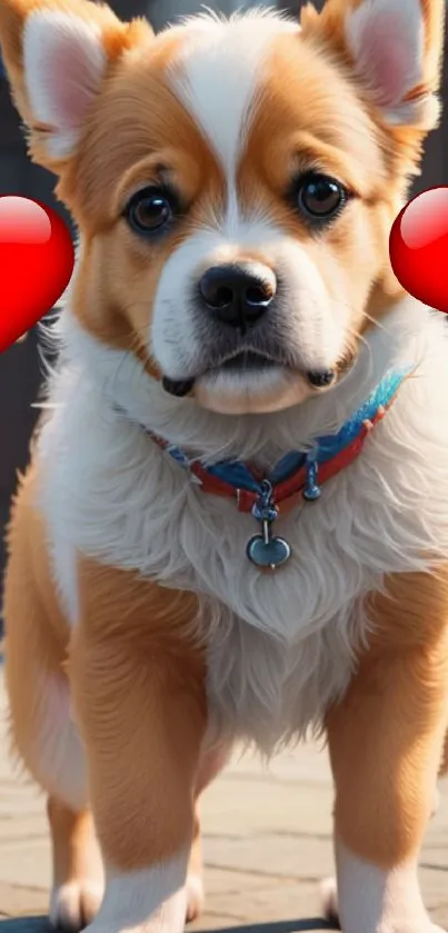 Adorable corgi puppy with red hearts mobile wallpaper.