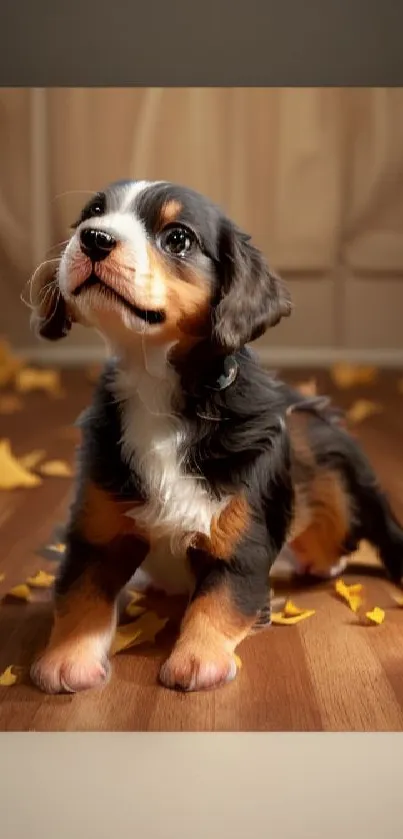 Adorable puppy on wooden floor surrounded by autumn leaves.