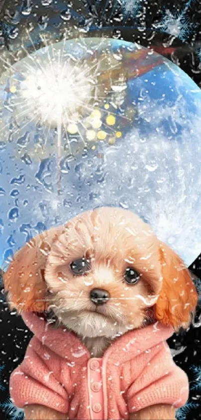 Adorable puppy in a pink sweater with a moonlit backdrop and raindrops.