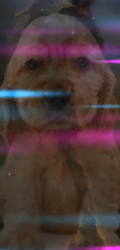 Adorable puppy with neon blue and pink stripes on a dark background.