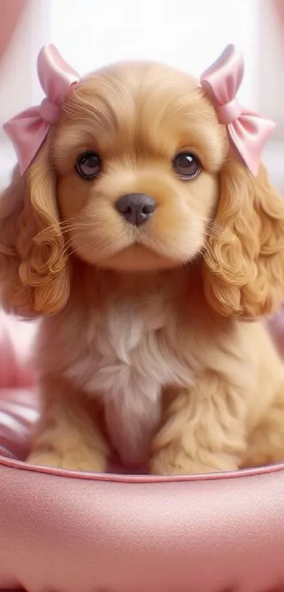 Cute puppy with pink bows on a cushion, perfect for mobile wallpaper.