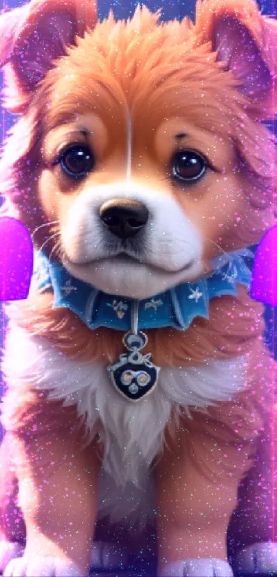 Cute puppy with turquoise collar and purple hearts in a bright room.