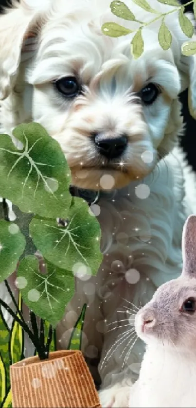 White puppy and bunny in greenery mobile wallpaper.