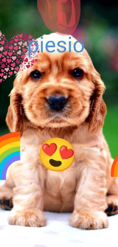 Adorable puppy surrounded by rainbows and hearts on a green background.