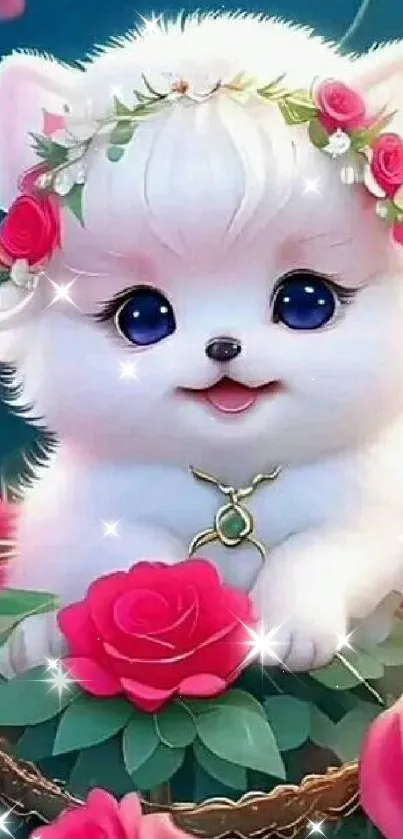 Cute puppy with pink roses wallpaper.