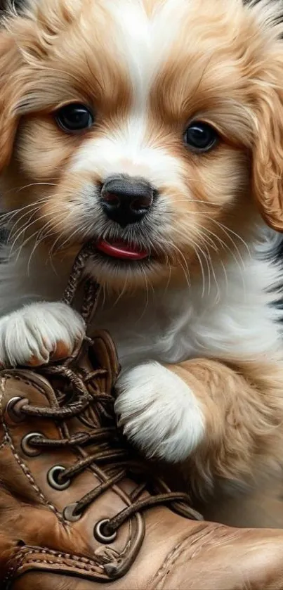 Adorable puppy playfully chewing on a brown shoe.