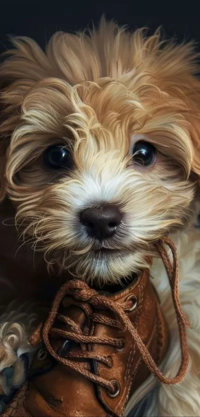 Cute puppy holding a brown shoe.