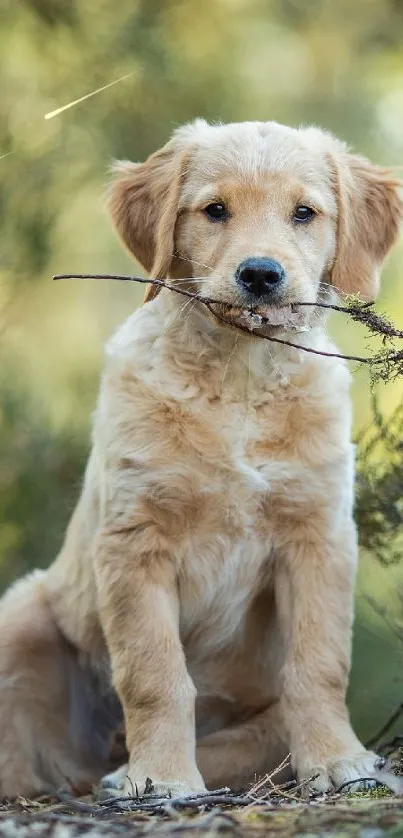 Adorable golden puppy holding a stick in nature.