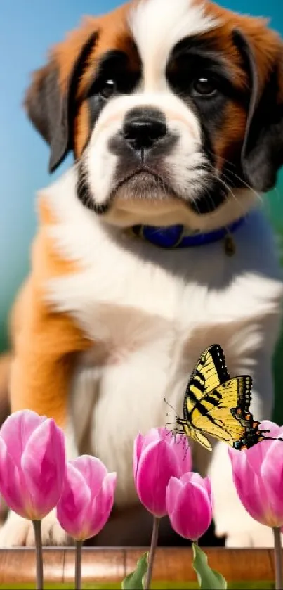 Cute puppy with pink tulips and butterfly, mobile wallpaper.