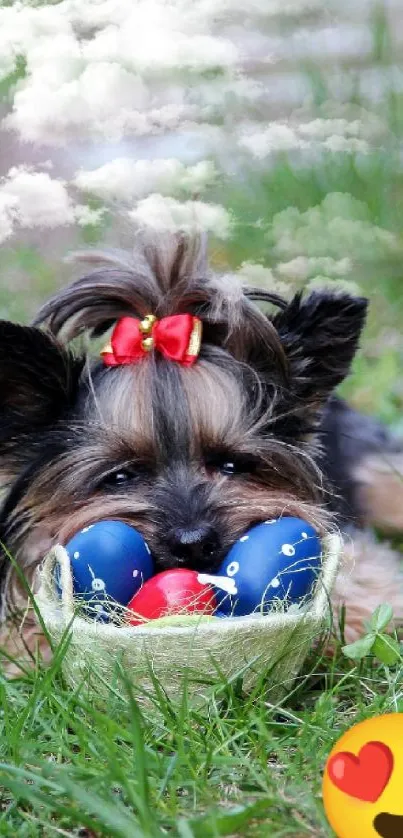 Cute puppy with toys in grass, emoji heart eyes.