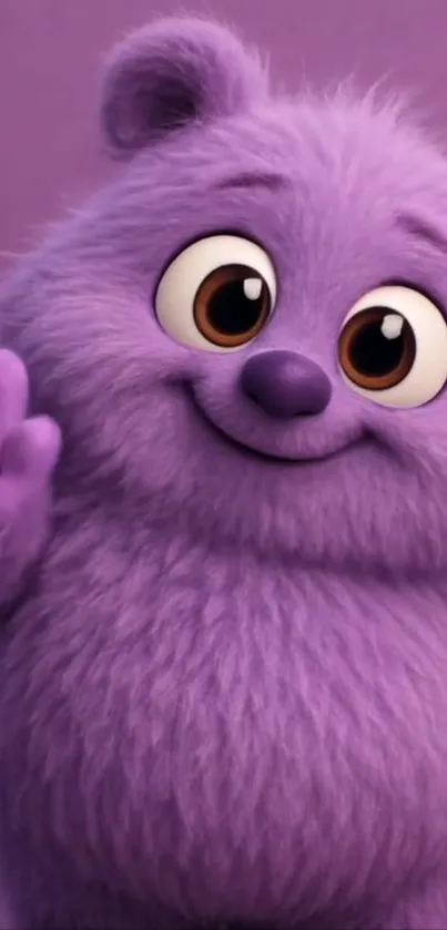 Cute purple cartoon bear waving happily on a mobile wallpaper.