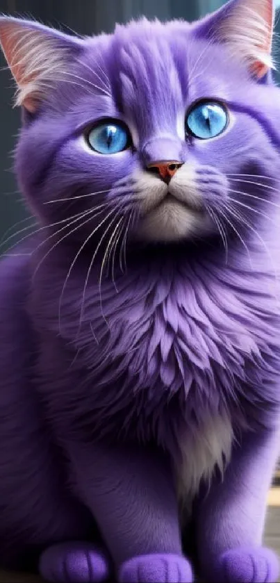 Purple cat with blue eyes sitting on the floor.