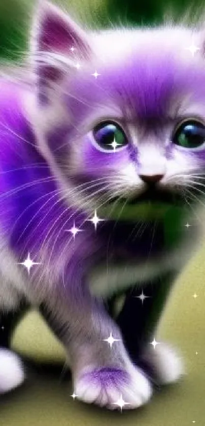 Adorable purple cat with large eyes on green background.