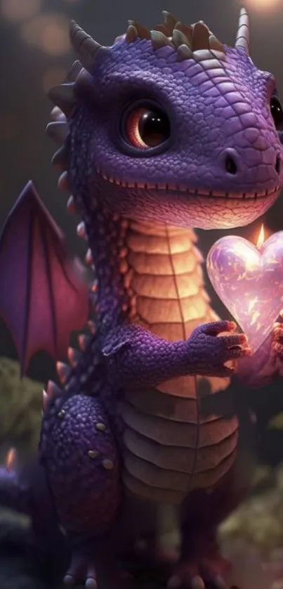 Cute purple dragon holds a glowing heart.