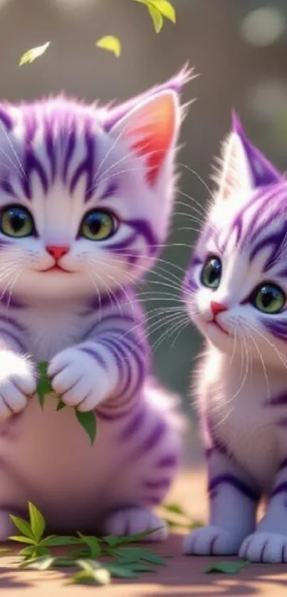 Two adorable purple cartoon kittens with leaves.