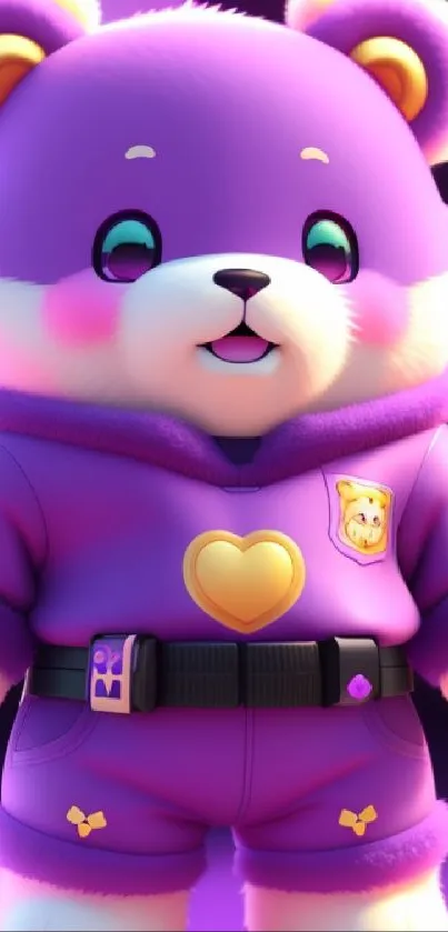 Adorable purple teddy bear in a cute outfit with heart design.