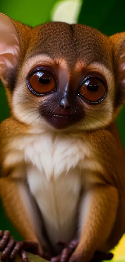 Adorable pygmy tarsier with large eyes in a lush green jungle setting.