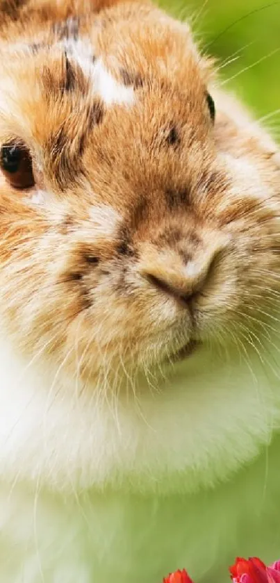 Close-up of a cute rabbit with green grass background.