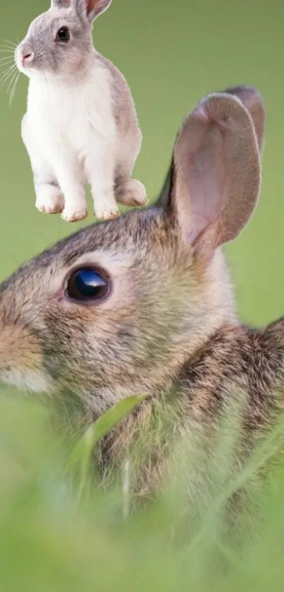 Two rabbits in a natural green setting.