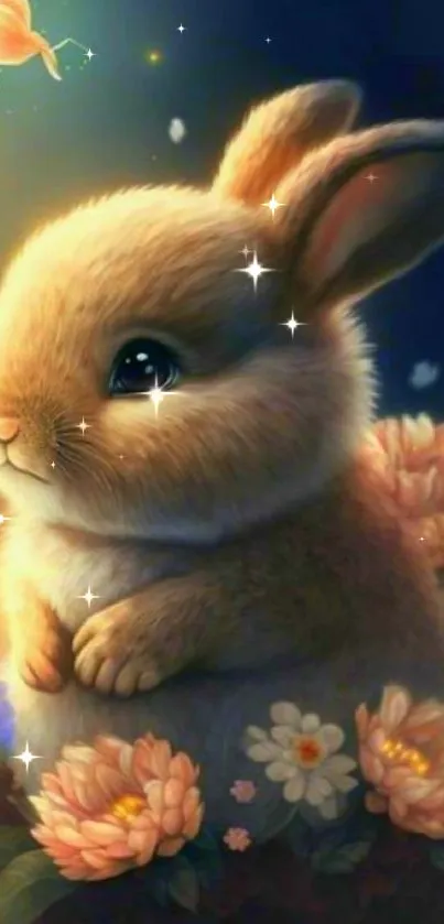 Cute rabbit with flowers wallpaper for mobile device.