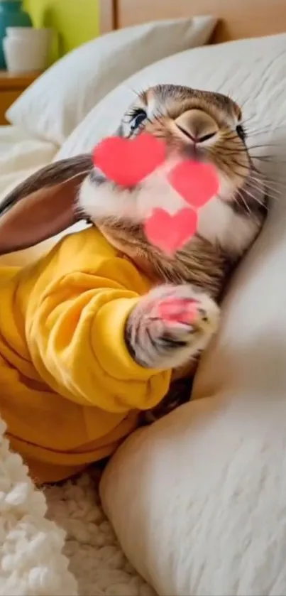 Cute rabbit in yellow outfit on bed with heart filter.