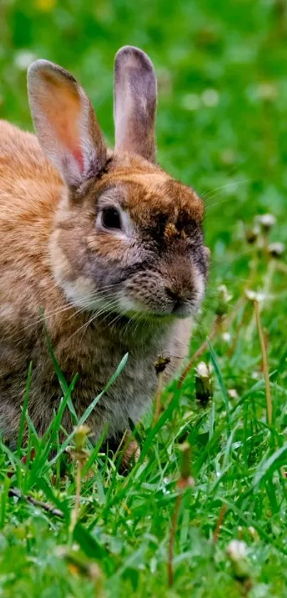 Adorable rabbit sitting in lush green grass.