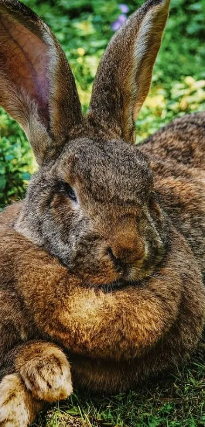 Brown rabbit resting on green grass.