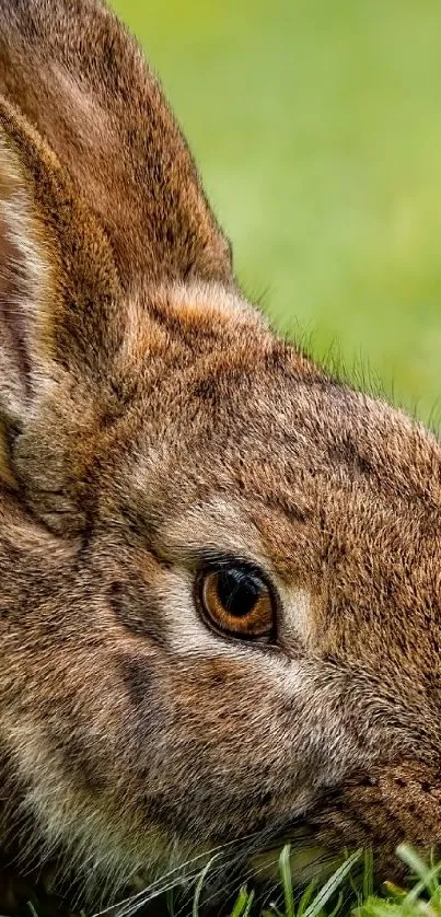 Close-up of a brown rabbit in green grass.