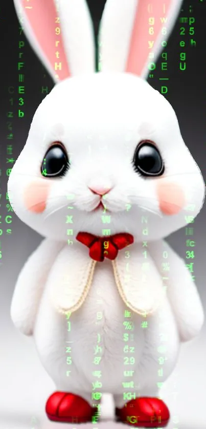 Cute rabbit in a matrix-inspired design with digital text overlay.