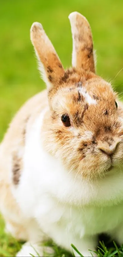 Cute rabbit sitting on green grass background.