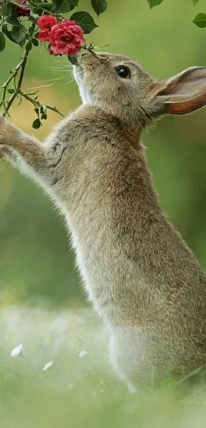 Cute rabbit reaching for red roses in a green nature setting.