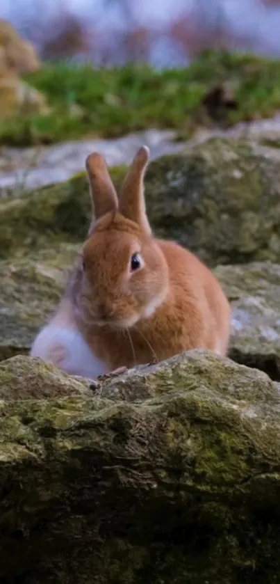 Adorable rabbit sitting on rocky terrain with greenery.