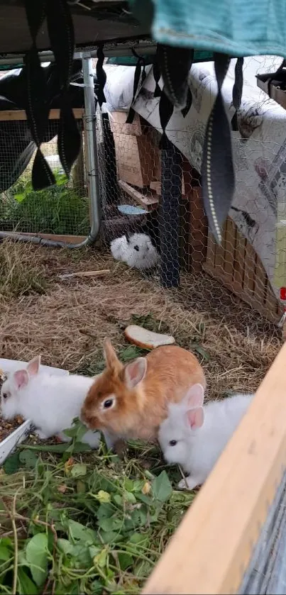 Adorable rabbits in a cozy outdoor enclosure.