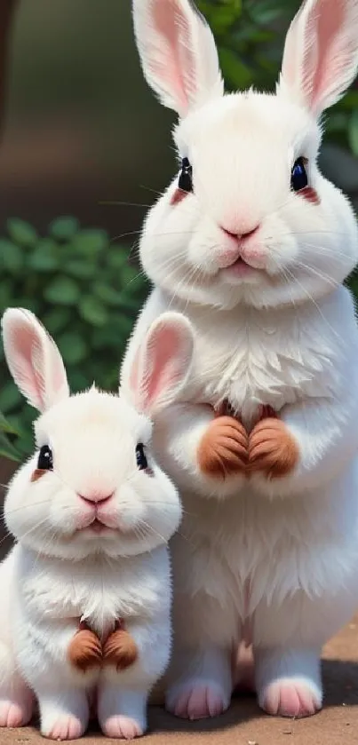 Adorable white rabbits with fluffy fur in a natural setting