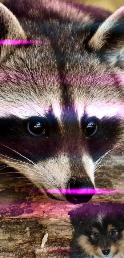 Charming raccoon and puppy on a log in a forest setting.